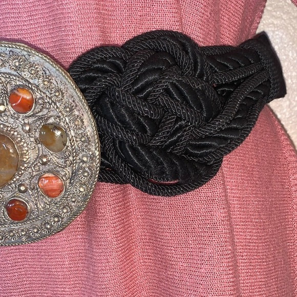 IONE oversized silver paisley buckle with 12 stones on a braided cord belt VTG L main image 12